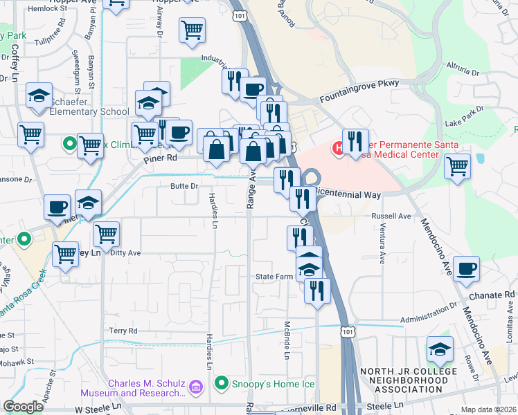 map of restaurants, bars, coffee shops, grocery stores, and more near 833 Russell Avenue in Santa Rosa