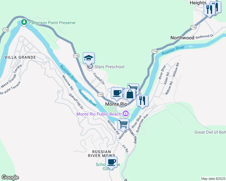 map of restaurants, bars, coffee shops, grocery stores, and more near 19110 B Street in Monte Rio