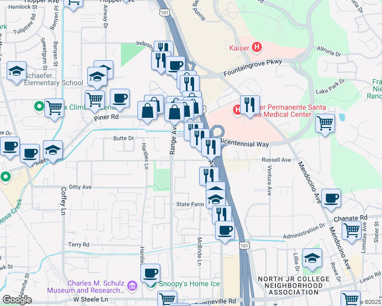 map of restaurants, bars, coffee shops, grocery stores, and more near 825 Russell Avenue in Santa Rosa