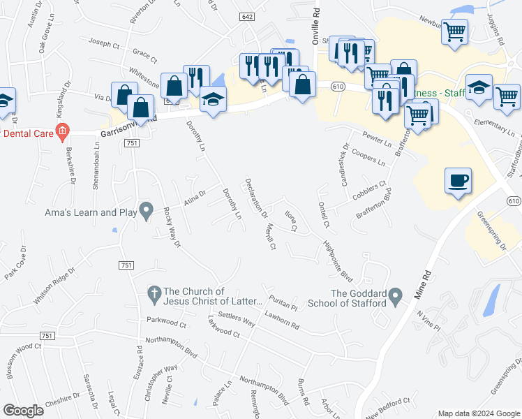 map of restaurants, bars, coffee shops, grocery stores, and more near 4 Stonegate Place in Stafford