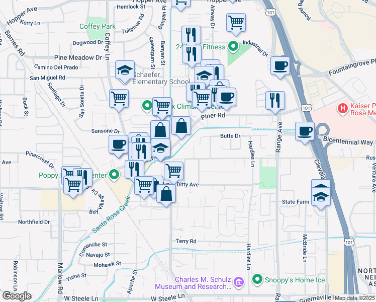 map of restaurants, bars, coffee shops, grocery stores, and more near 1713 Russell Avenue in Santa Rosa
