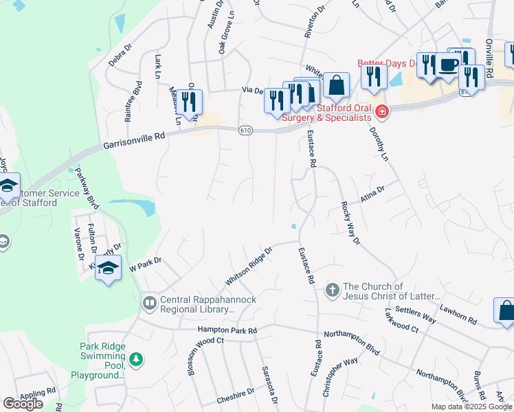 map of restaurants, bars, coffee shops, grocery stores, and more near 75 Berkshire Drive in Stafford