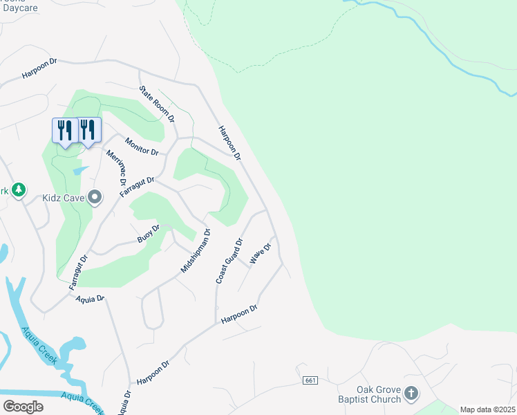 map of restaurants, bars, coffee shops, grocery stores, and more near 2050 Coast Guard Drive in Stafford