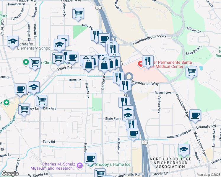 map of restaurants, bars, coffee shops, grocery stores, and more near 833 Russell Avenue in Santa Rosa