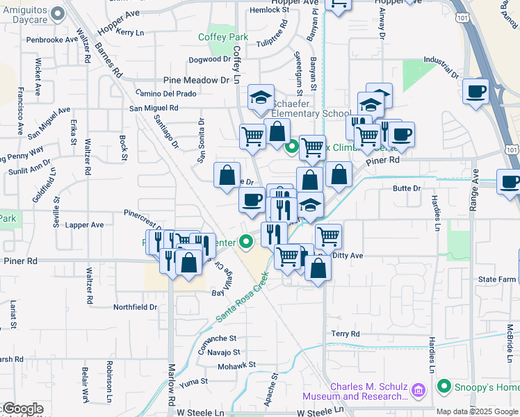 map of restaurants, bars, coffee shops, grocery stores, and more near 1801 Piner Road in Santa Rosa