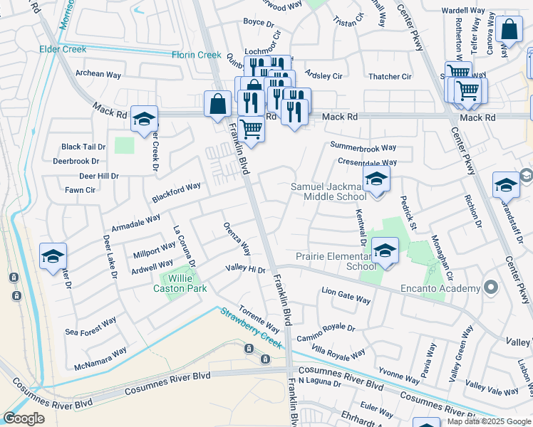 map of restaurants, bars, coffee shops, grocery stores, and more near 19 Meadowbreeze Court in Sacramento