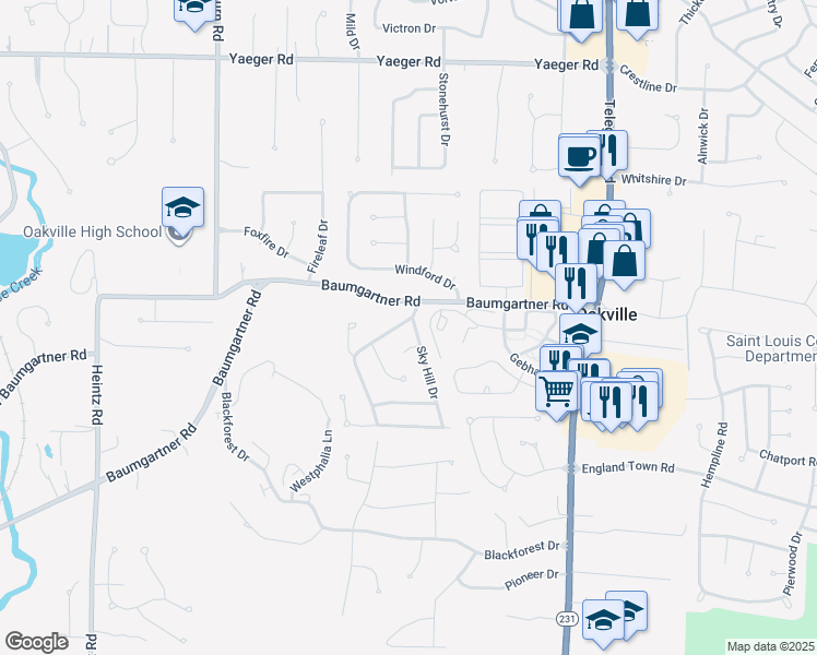 map of restaurants, bars, coffee shops, grocery stores, and more near 2712 Sky Hill Court in St. Louis