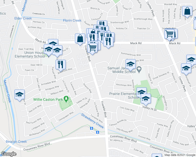 map of restaurants, bars, coffee shops, grocery stores, and more near 7950 Whisper Wood Way in Sacramento