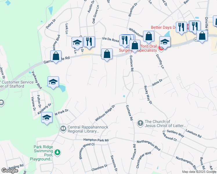 map of restaurants, bars, coffee shops, grocery stores, and more near 75 Berkshire Drive in Stafford