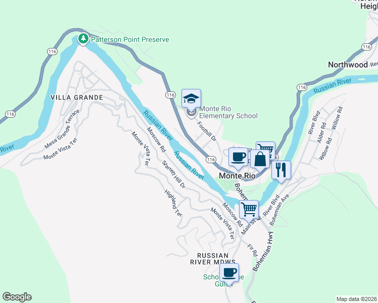 map of restaurants, bars, coffee shops, grocery stores, and more near 21632 Moscow Road in Monte Rio