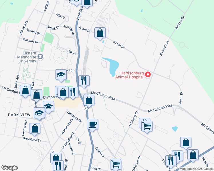 map of restaurants, bars, coffee shops, grocery stores, and more near 450 Mount Clinton Pike in Harrisonburg