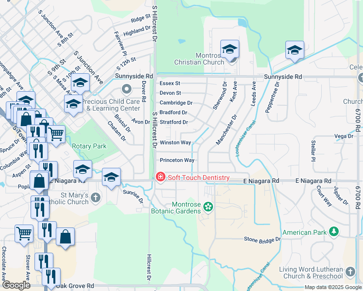 map of restaurants, bars, coffee shops, grocery stores, and more near 2040 Scarborough Way in Montrose
