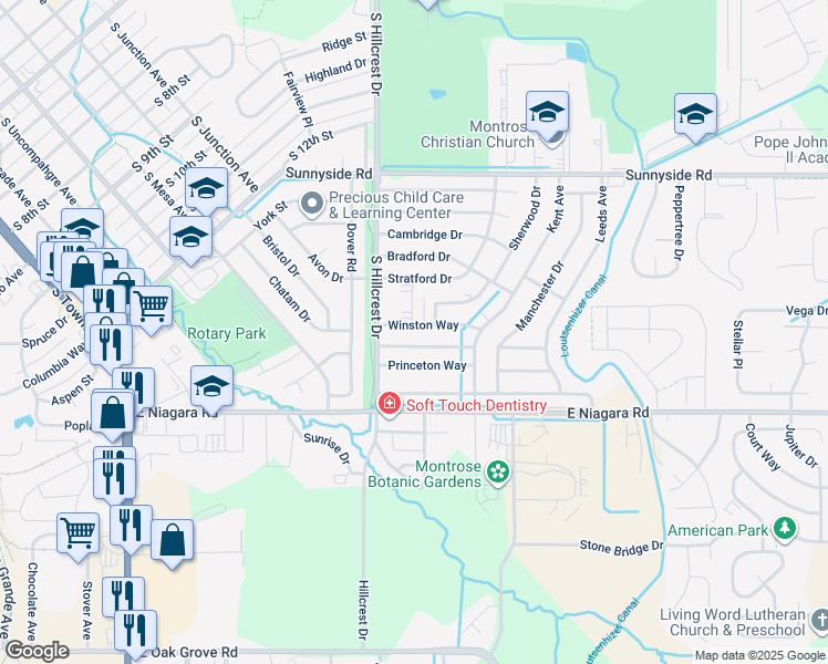 map of restaurants, bars, coffee shops, grocery stores, and more near 2040 Scarborough Way in Montrose