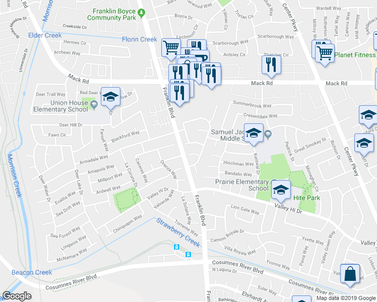 map of restaurants, bars, coffee shops, grocery stores, and more near 7950 Whisper Wood Way in Sacramento