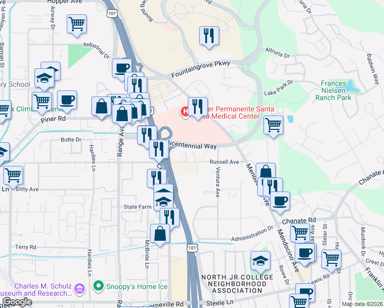 map of restaurants, bars, coffee shops, grocery stores, and more near 648 Russell Avenue in Santa Rosa