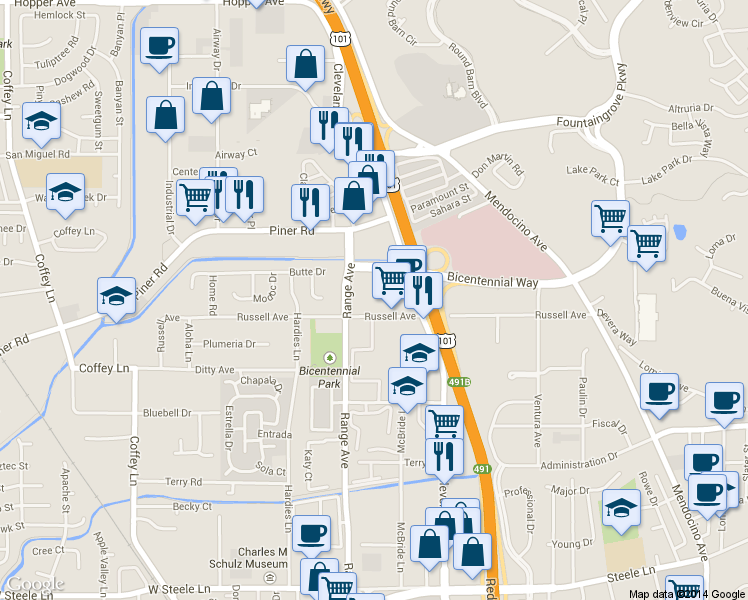 map of restaurants, bars, coffee shops, grocery stores, and more near 833 Russell Avenue in Santa Rosa