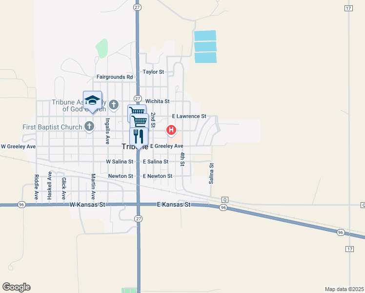 map of restaurants, bars, coffee shops, grocery stores, and more near 4th Street in Tribune