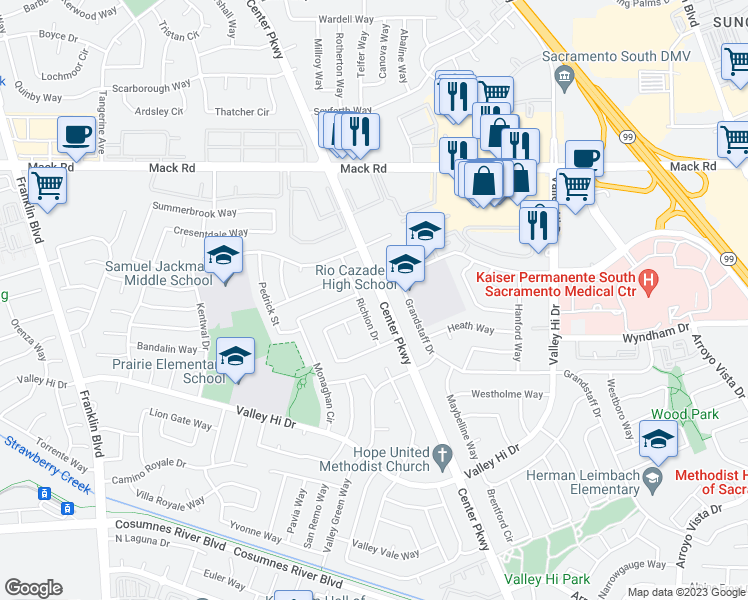 map of restaurants, bars, coffee shops, grocery stores, and more near 7922 Center Parkway in Sacramento
