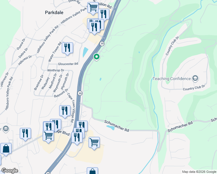 map of restaurants, bars, coffee shops, grocery stores, and more near 2626 Rosemary Lane in High Ridge
