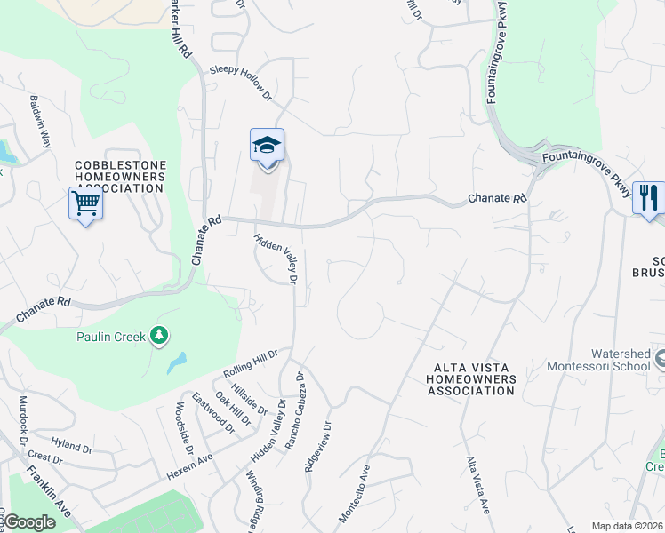 map of restaurants, bars, coffee shops, grocery stores, and more near 3640 Chanate Road in Santa Rosa