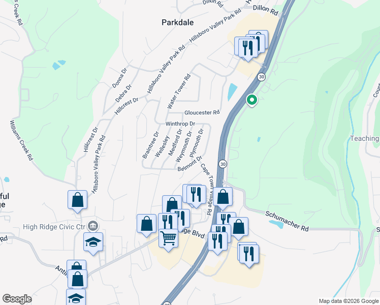 map of restaurants, bars, coffee shops, grocery stores, and more near 2529 Plymouth Drive in High Ridge