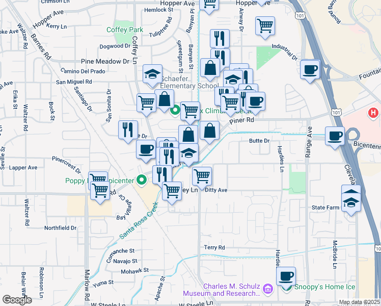 map of restaurants, bars, coffee shops, grocery stores, and more near 1020 Center Drive in Santa Rosa