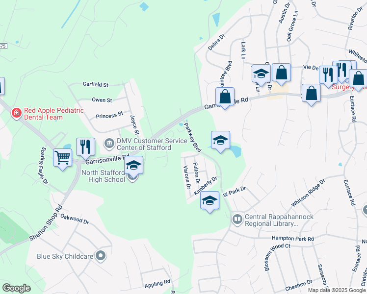 map of restaurants, bars, coffee shops, grocery stores, and more near 201 Southampton Court in Stafford