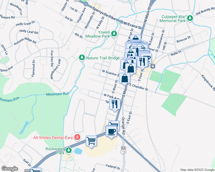 map of restaurants, bars, coffee shops, grocery stores, and more near 215 West Asher Street in Culpeper
