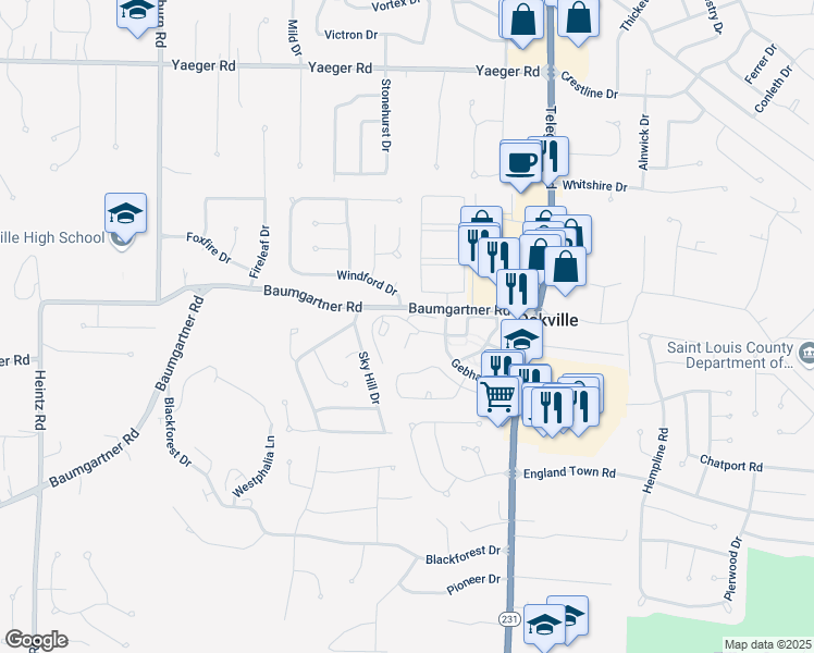 map of restaurants, bars, coffee shops, grocery stores, and more near 2704 Windford Drive in St. Louis
