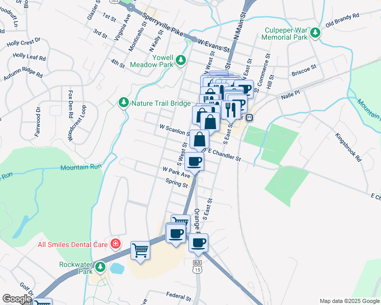 map of restaurants, bars, coffee shops, grocery stores, and more near 114 West Asher Street in Culpeper