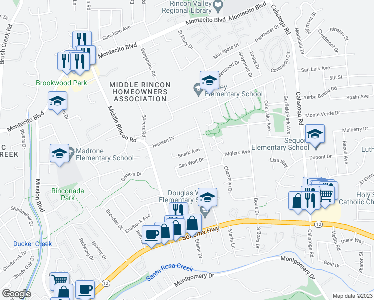 map of restaurants, bars, coffee shops, grocery stores, and more near 4941 Snark Ave in Santa Rosa