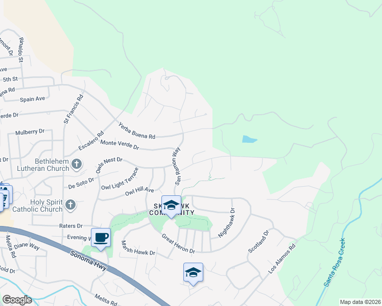 map of restaurants, bars, coffee shops, grocery stores, and more near 5977 Vista Ridge in Santa Rosa