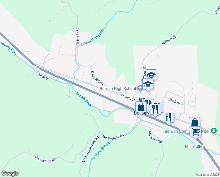 map of restaurants, bars, coffee shops, grocery stores, and more near 301 Jordan Drive in Borden