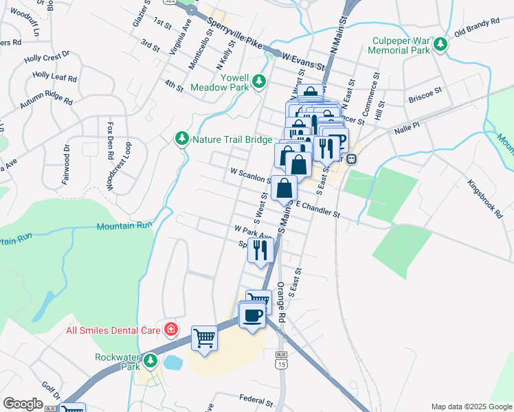 map of restaurants, bars, coffee shops, grocery stores, and more near 215 West Asher Street in Culpeper