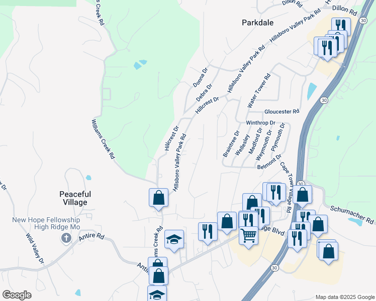 map of restaurants, bars, coffee shops, grocery stores, and more near 2584 Lower Skyline Drive in High Ridge