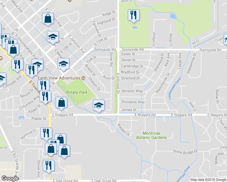 map of restaurants, bars, coffee shops, grocery stores, and more near 1525 Dover Road in Montrose