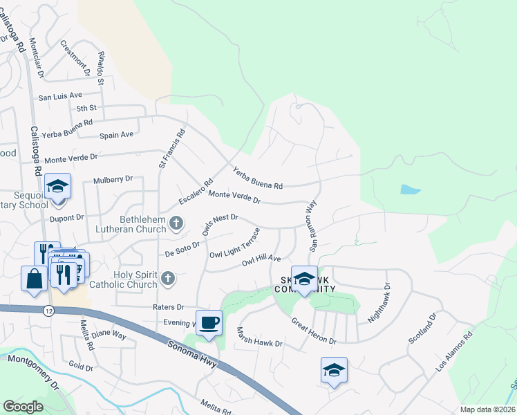 map of restaurants, bars, coffee shops, grocery stores, and more near 5848 Yerba Buena Road in Santa Rosa