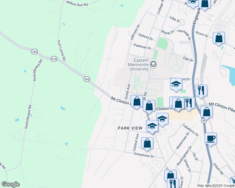 map of restaurants, bars, coffee shops, grocery stores, and more near 1 Village Square in Harrisonburg