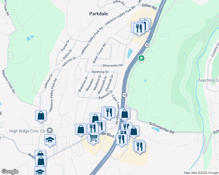 map of restaurants, bars, coffee shops, grocery stores, and more near 2529 Plymouth Drive in High Ridge