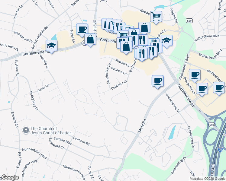 map of restaurants, bars, coffee shops, grocery stores, and more near 114 Cobblers Court in Stafford