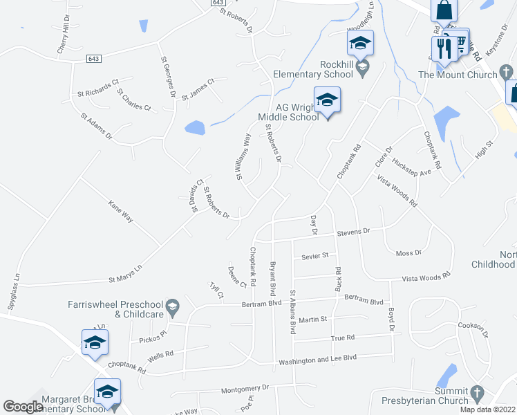 map of restaurants, bars, coffee shops, grocery stores, and more near 93 Saint Roberts Drive in Stafford