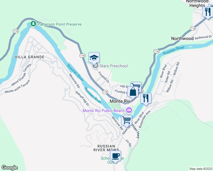 map of restaurants, bars, coffee shops, grocery stores, and more near 20586 Foothill Drive in Monte Rio