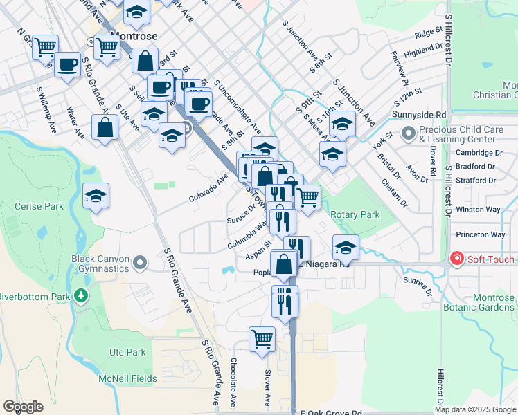 map of restaurants, bars, coffee shops, grocery stores, and more near 1103 S Townsend Ave in Montrose