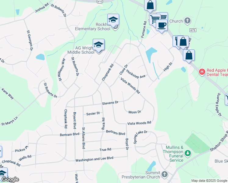 map of restaurants, bars, coffee shops, grocery stores, and more near 102 Vista Woods Road in Stafford