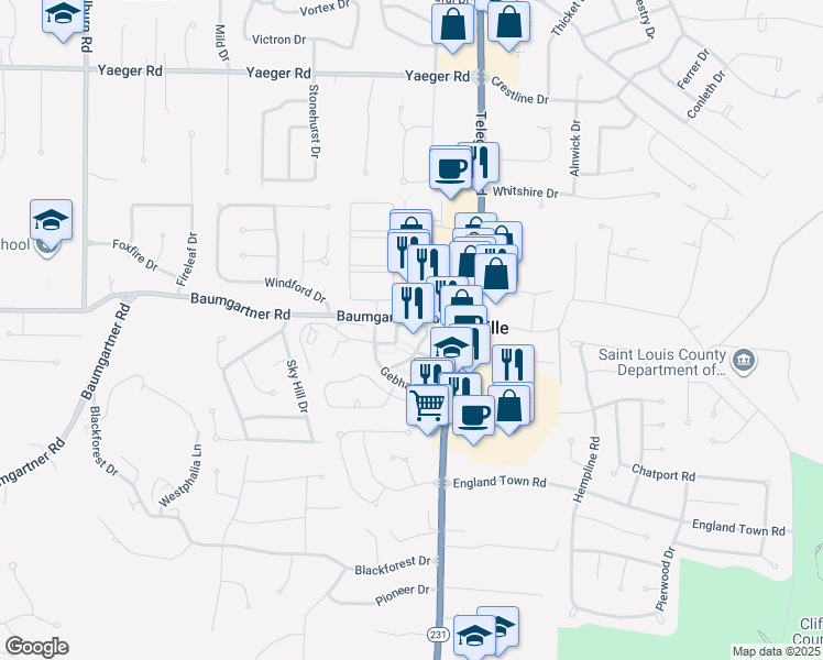 map of restaurants, bars, coffee shops, grocery stores, and more near 2514 Deloak Drive in St. Louis