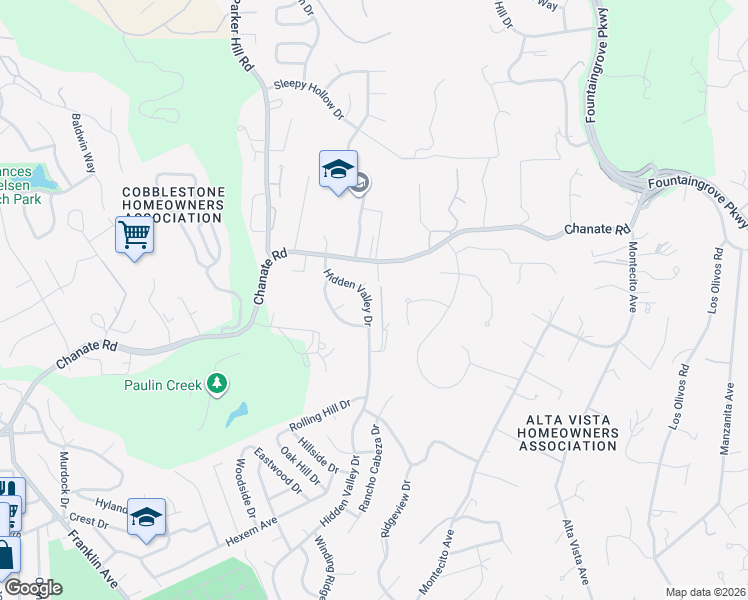 map of restaurants, bars, coffee shops, grocery stores, and more near 3218 Hidden Valley Drive in Santa Rosa