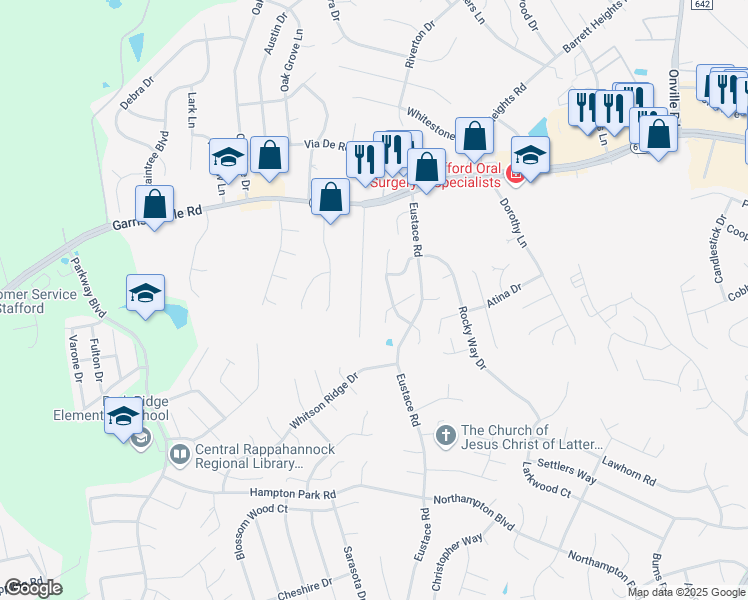 map of restaurants, bars, coffee shops, grocery stores, and more near 120 Shenandoah Lane in Stafford