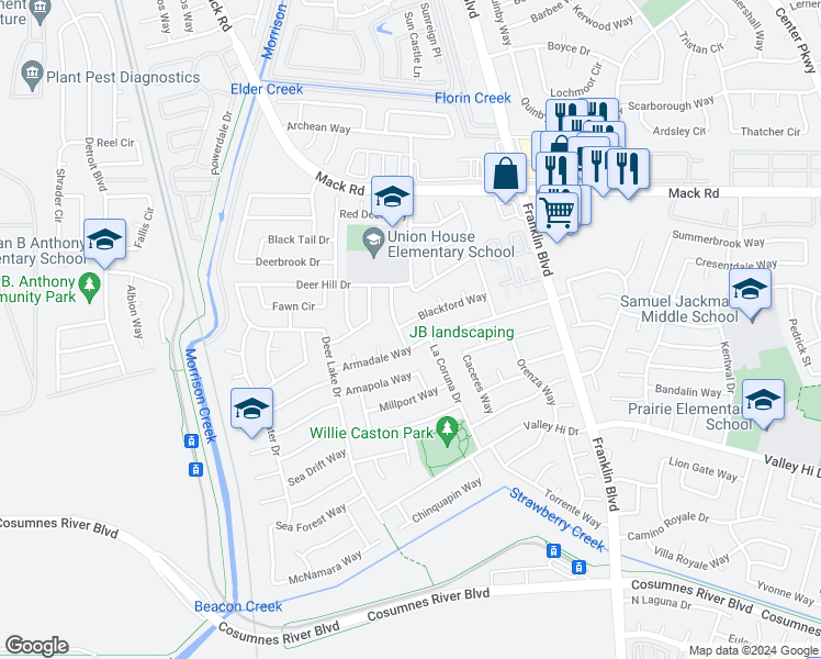 map of restaurants, bars, coffee shops, grocery stores, and more near 4290 Blackford Way in Sacramento