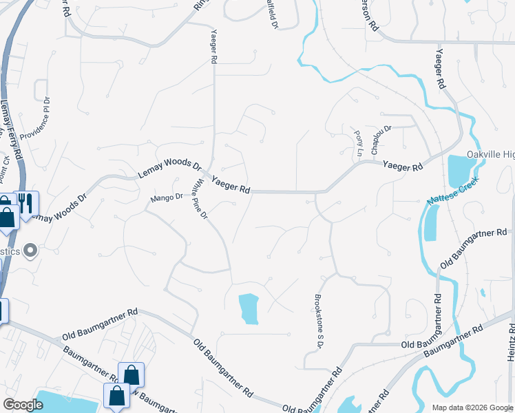 map of restaurants, bars, coffee shops, grocery stores, and more near 3792 Yaeger Road in St. Louis