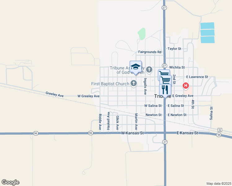 map of restaurants, bars, coffee shops, grocery stores, and more near 550-598 West Harper Street in Tribune
